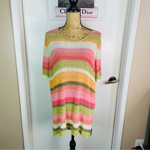 Avenue Open Knit Boho Sweater Women 18/20 Sz 3/4 Sleeve Striped Sweatshirt Plus